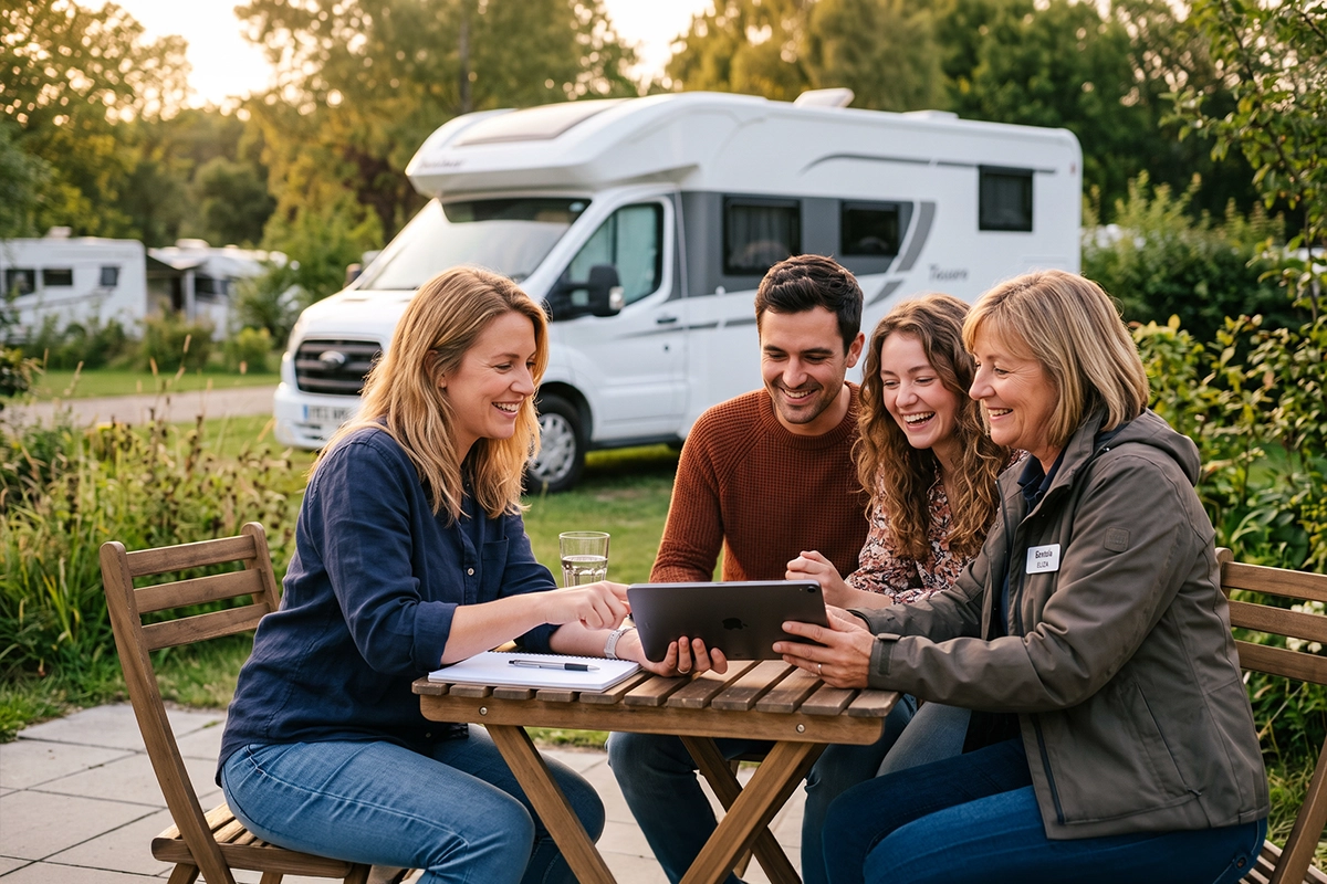 Familia y amigos revisando un documento en una tablet frente a una autocaravana
